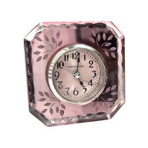 Vintage 1970s Pink Frosted Glass Alarm Clock with Etched Leaf Design